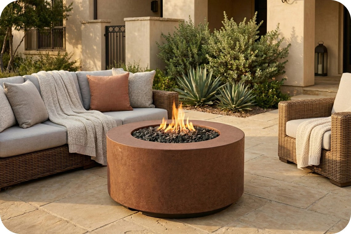 A round outdoor fire pit table with a rusted metal finish and active flames, set on a stone patio next to a wicker sofa in a residential backyard setting.