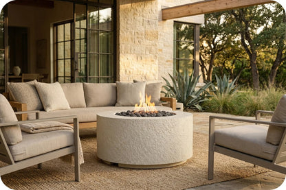 Outdoor patio furniture set with a round stone fire pit table in the center, a curved beige sectional sofa, and two matching armchairs on a woven rug in front of a stone house.