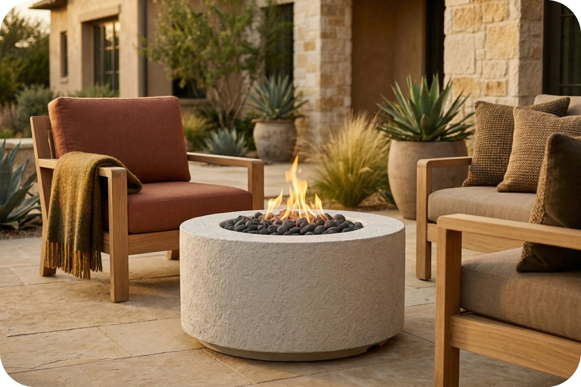 Outdoor patio furniture set with a round concrete fire pit table in the center, flanked by a rust-brown armchair and a beige sofa with wooden frames, set on a stone patio in front of a house.