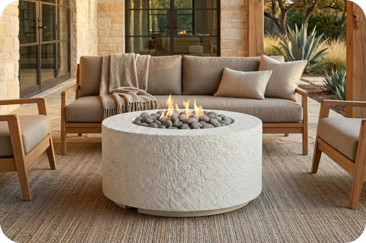 A round outdoor fire pit table with a textured light stone finish and visible flames, placed in front of a beige patio sofa on a woven rug. The setting appears to be a covered patio with wood framing and plants in the background.