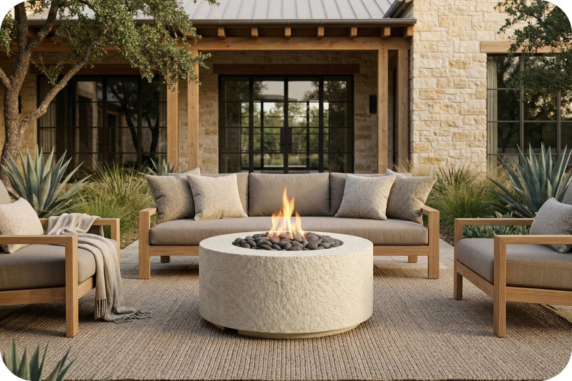 Outdoor patio furniture set with a round fire pit table in the center, a three-seat sofa, and two matching armchairs in front of a stone house.