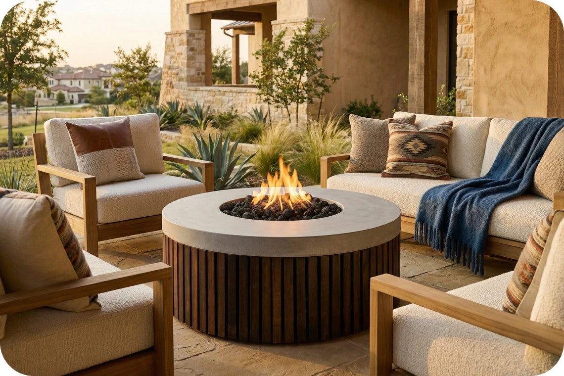 Outdoor round fire pit table with a white stone top and dark wood slatted base, surrounded by beige patio seating with pillows and a blue throw blanket on a stone patio in front of a stucco house.