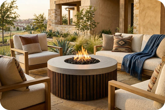 Outdoor round fire pit table with a white stone top and dark wood slatted base, surrounded by beige patio seating with pillows and a blue throw blanket on a stone patio in front of a stucco house.