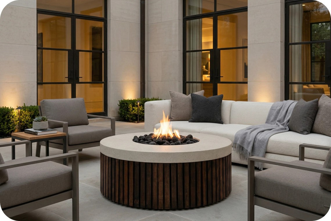 Modern outdoor patio furniture set with a round fire pit table in the center, surrounded by gray armchairs and a white sectional sofa with gray pillows and a throw blanket, set against a contemporary building facade at dusk.