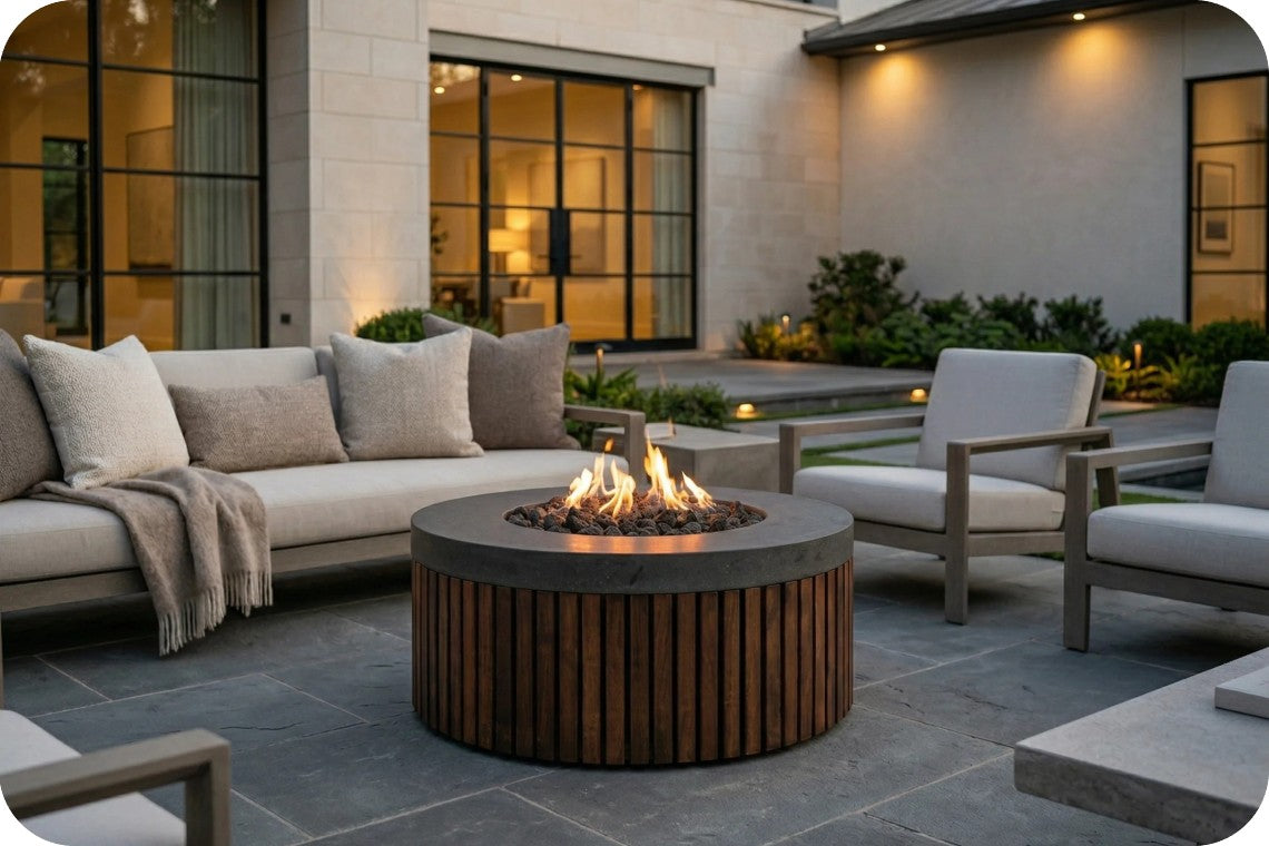 Outdoor patio scene with a round wood slat fire pit centered between modern lounge chairs and a sofa, set in front of a stone building at dusk.