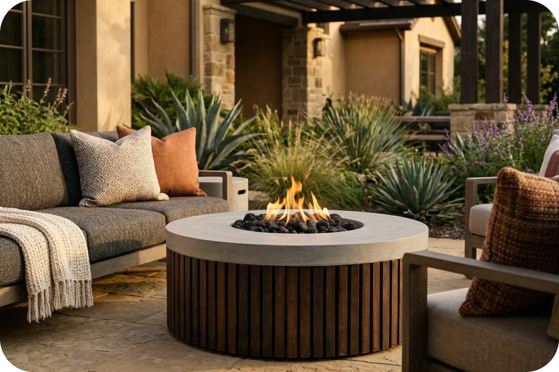 A round outdoor fire pit table with a light concrete top and dark wood slatted base, set on a patio between a gray sectional sofa and a chair in a landscaped backyard.