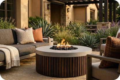 A round outdoor fire pit table with a light concrete top and dark wood slatted base, set on a patio between a gray sectional sofa and a chair in a landscaped backyard.