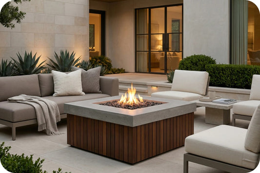 A modern outdoor patio setup centered around a square fire pit table with a visible flame, surrounded by gray sectional sofa, white lounge chairs, and a small side table. The scene is set in a real architectural environment with stone walls, plants, and large glass doors.