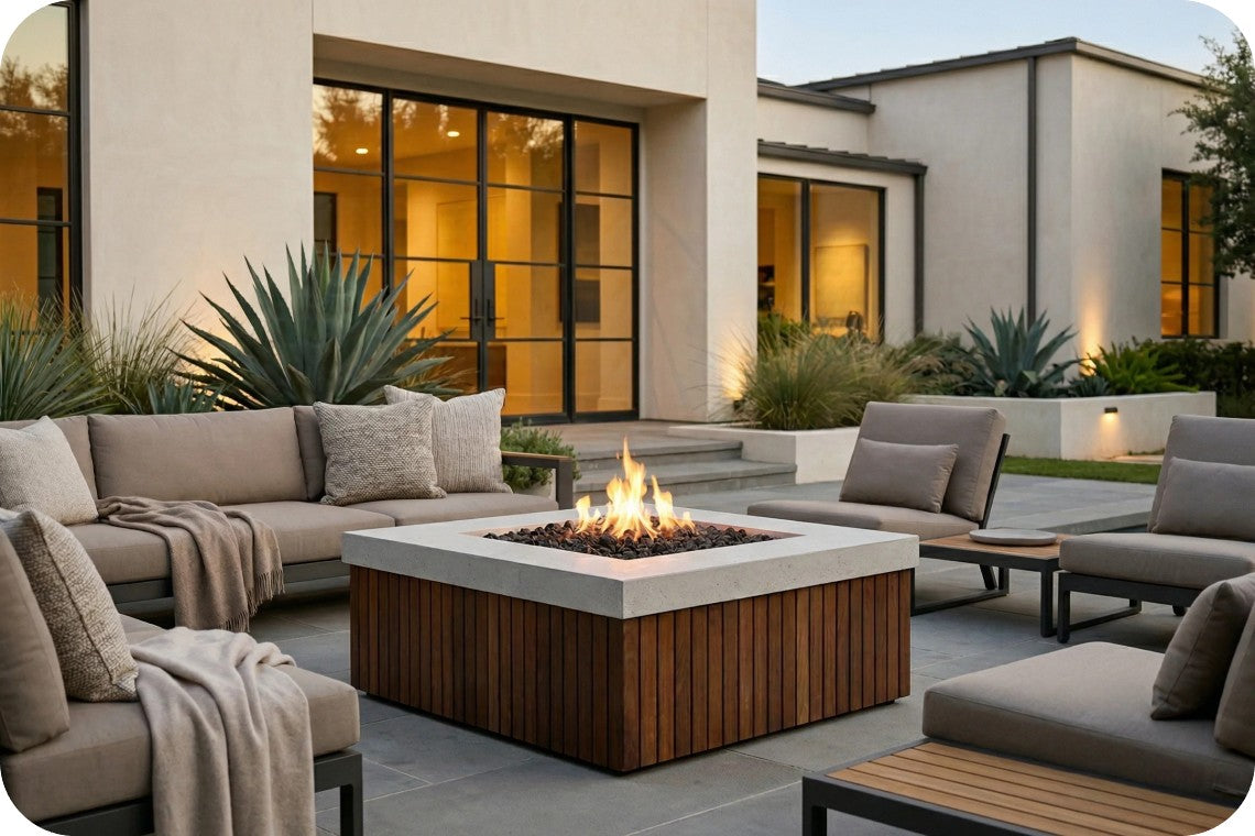 Outdoor patio furniture set with a square fire pit table in the center, surrounded by gray lounge chairs and a sectional sofa, set against a modern house at dusk.