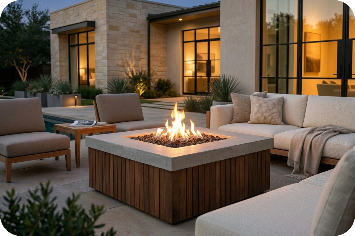 A modern outdoor patio scene at dusk with a square fire pit table in the center, surrounded by light beige sectional seating and a small side table. The patio is set in front of a stone and glass house with warm lights on.