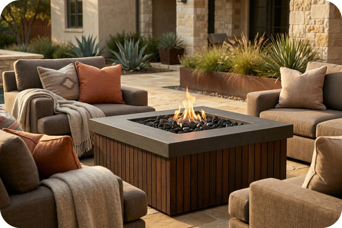 A modern square outdoor fire pit table with a dark gray concrete top and vertical wood-look sides, burning with a warm flame. It is staged in a patio setting with taupe sectional sofas, throw blankets, and potted plants.
