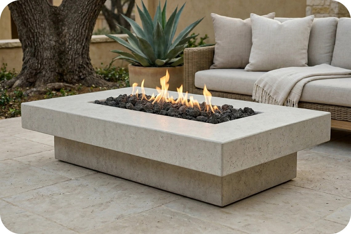 A rectangular outdoor fire pit table with a light beige stone-look body, set on a patio with black fire rocks and visible flames. A cushioned outdoor sofa, potted plant, and tree are visible in the background.