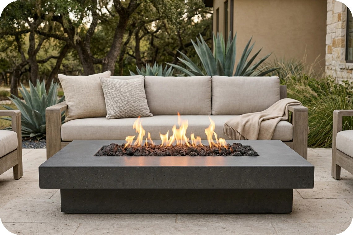 A modern outdoor patio scene featuring a rectangular dark gray concrete fire pit table with active flames, positioned in front of a light beige outdoor sofa with cushions.