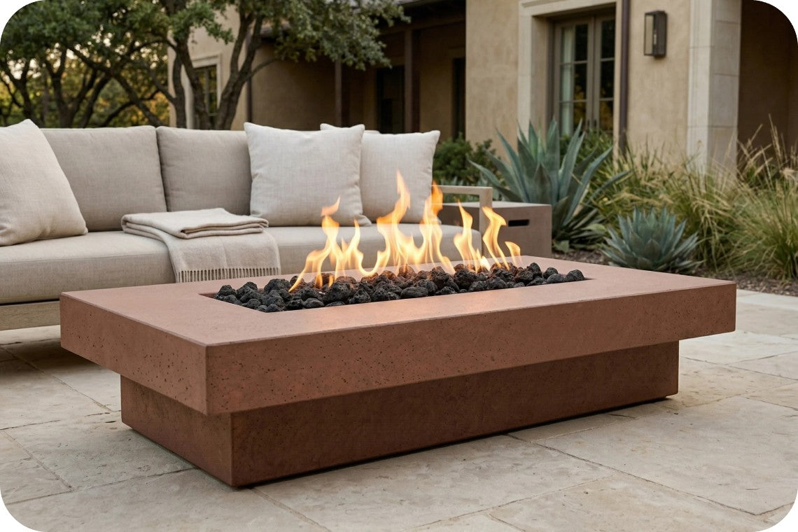 A rectangular outdoor fire pit table with a warm terracotta-brown concrete finish, filled with black river rocks and active orange flames, set on a stone patio in front of a modern outdoor sofa.
