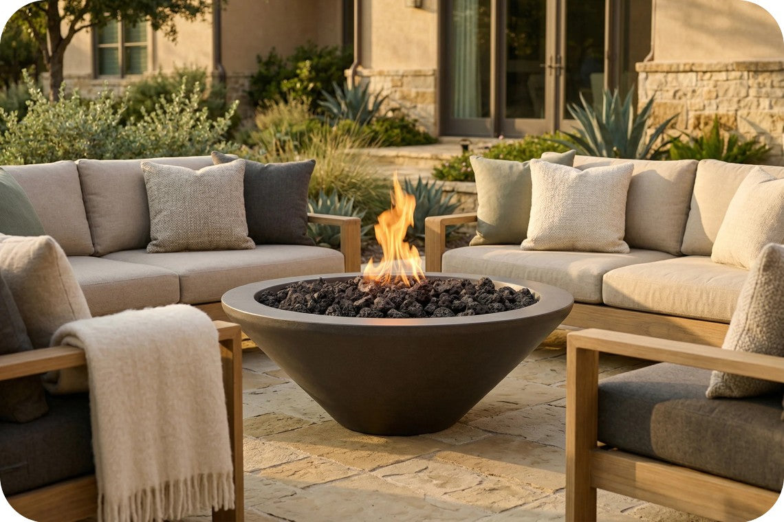 Outdoor patio conversation setup with a round dark fire pit bowl filled with black stones and a visible flame, surrounded by light wood chairs and sectional sofas with beige and gray cushions.