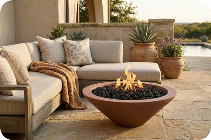 Outdoor patio scene with a terracotta bowl fire pit filled with black stones and visible flames, placed in front of a light beige sectional sofa with pillows and a throw blanket. The setting includes potted plants, a stone wall, and a pool in the background.