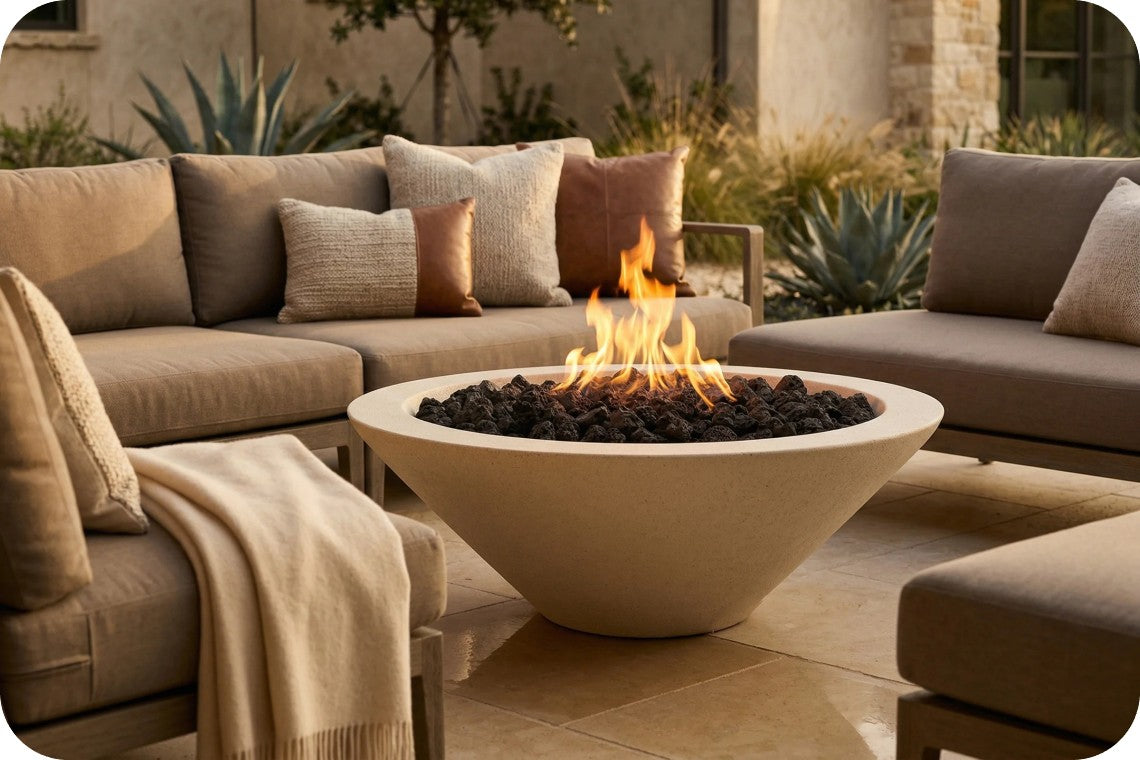A round concrete fire pit with black river rocks and a visible flame, placed in front of a beige outdoor sectional sofa on a patio.
