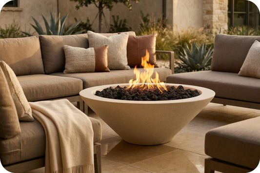 A round concrete fire pit with black river rocks and a visible flame, placed in front of a beige outdoor sectional sofa on a patio.
