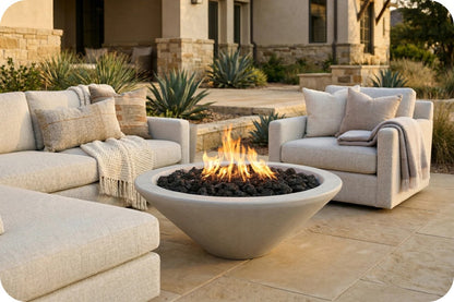 Outdoor patio furniture set with a round concrete fire pit bowl filled with black stones and active flames, surrounded by light beige upholstered armchairs and a matching sectional sofa on a stone tile patio.