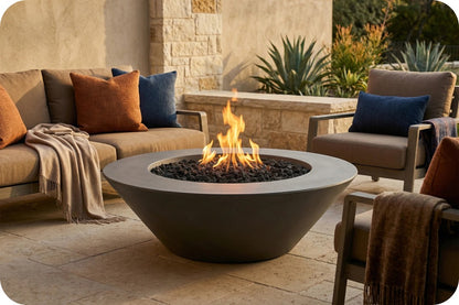A round concrete fire pit table with black fire rocks and active flames, set on a stone patio between outdoor patio chairs and a sofa with cushions.