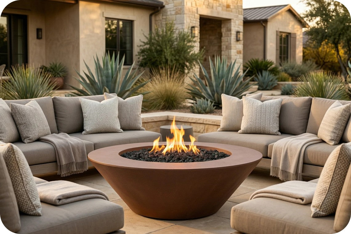 Outdoor patio furniture set with a round brown fire pit table in the center, surrounded by beige sectional sofas with throw blankets and pillows, set in front of a modern house with stone walls and plants.