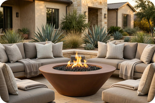 Outdoor patio furniture set with a round brown fire pit table in the center, surrounded by beige sectional sofas with throw blankets and pillows, set in front of a modern house with stone walls and plants.