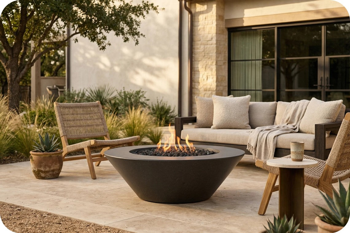 A modern outdoor patio scene featuring a round black fire pit with active flames, surrounded by a beige sectional sofa, two woven accent chairs, and a small side table, set against a contemporary house facade.