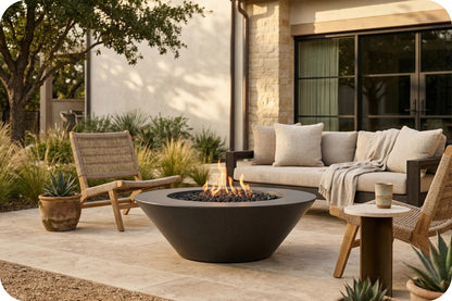 A modern outdoor patio scene featuring a round black fire pit with active flames, surrounded by a beige sectional sofa, two woven accent chairs, and a small side table, set against a contemporary house facade.