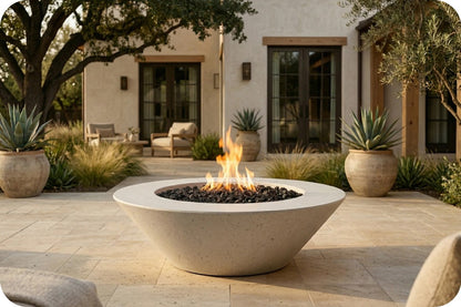 A modern concrete bowl fire pit with a visible flame, set on a stone patio in front of a stucco house with potted plants.