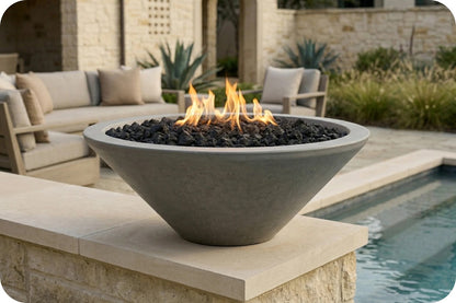 A large concrete fire pit bowl with black river rocks and active orange flames, set on a stone patio beside a swimming pool with outdoor seating in the background.