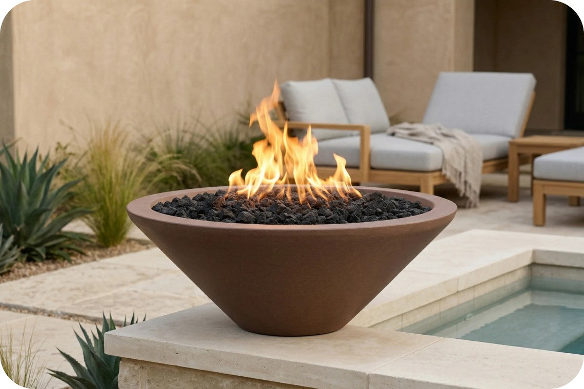 A large terracotta-colored outdoor fire pit bowl filled with black stones and active orange flames, situated on a stone patio next to a swimming pool with lounge chairs in the background.