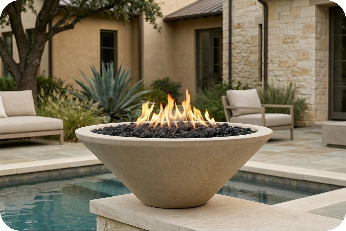 A large concrete bowl fire pit with black river rocks and active orange flames, set on a stone patio poolside with outdoor seating and a house in the background.