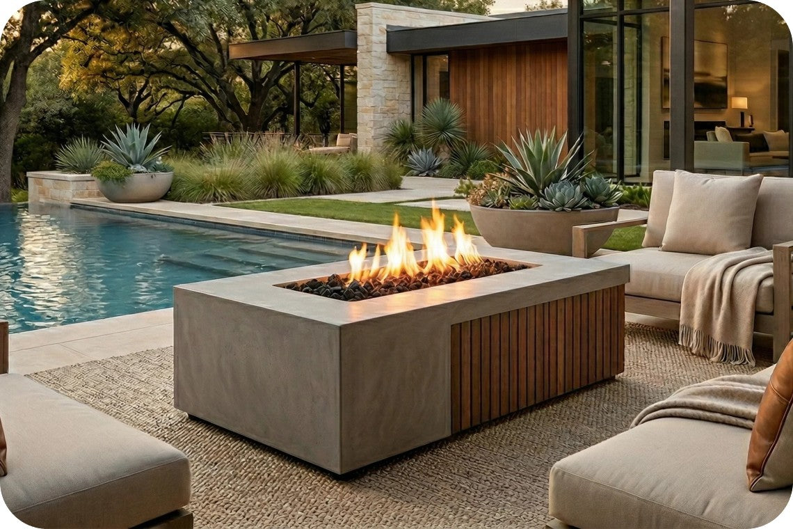 A modern rectangular concrete fire pit table with a wood slat front panel and active flames, placed outdoors beside a swimming pool and patio seating in a luxurious backyard setting.