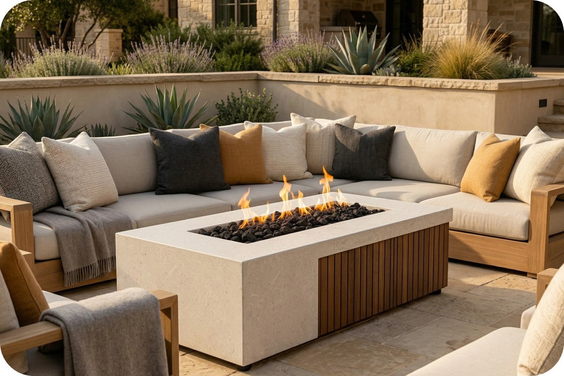 Outdoor patio furniture set featuring a rectangular concrete fire pit table with black stones and visible flames, surrounded by a sectional sofa with beige and gray cushions, wooden frames, and a throw blanket on a stone patio.