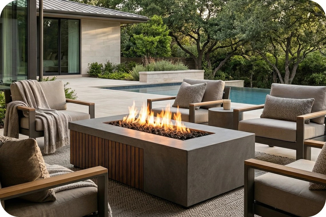 Outdoor patio scene with a rectangular concrete fire pit table burning with visible flames, surrounded by cushioned lounge chairs and a pool area in the background.