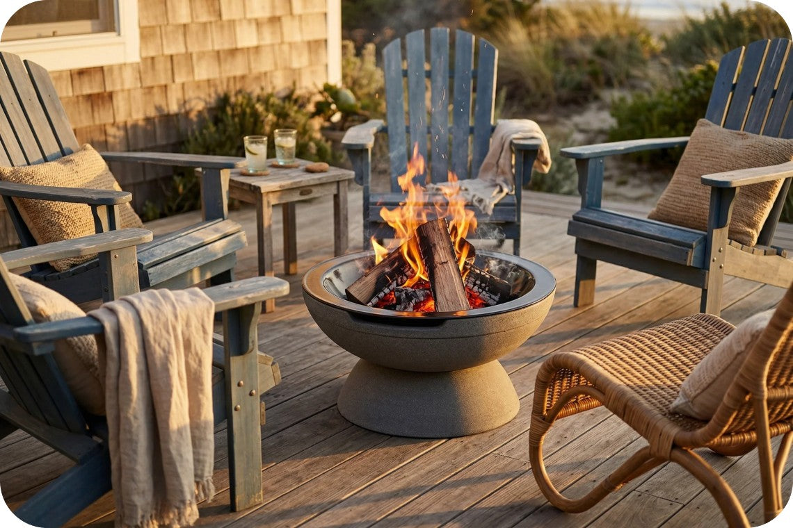 Outdoor patio scene with a round fire pit bowl holding a burning wood fire, surrounded by Adirondack chairs and a wicker chair on a wooden deck near a shingled house.