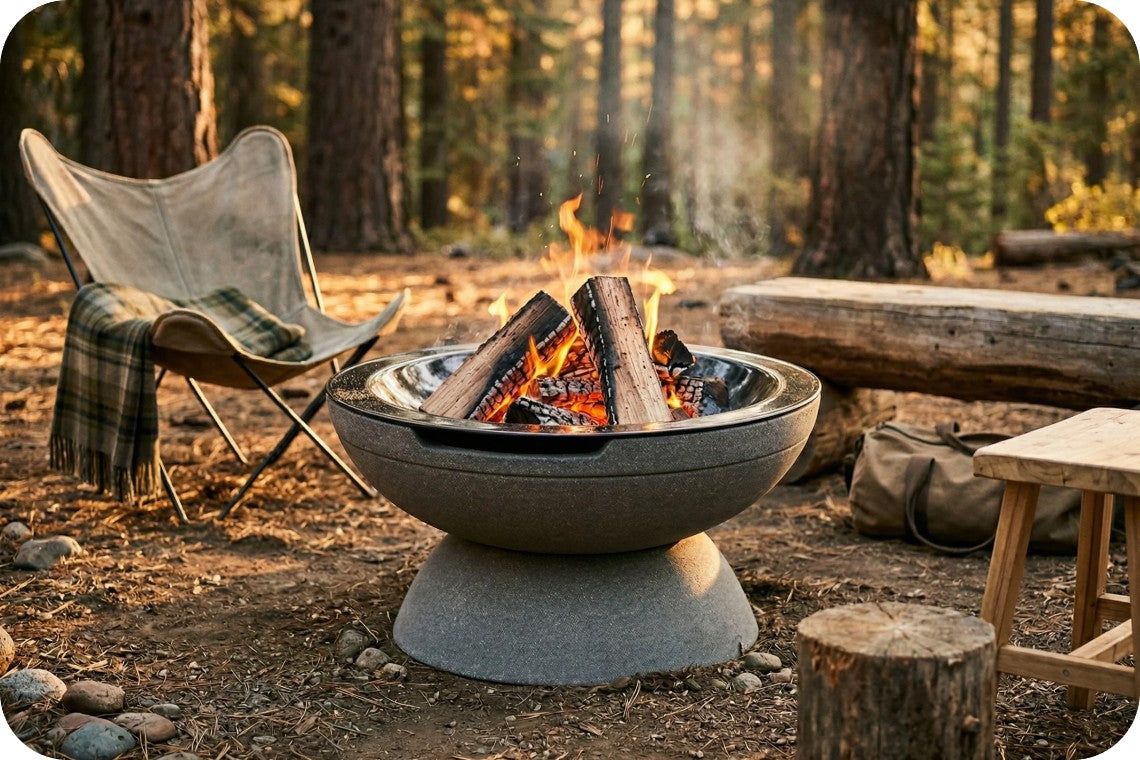 A round concrete fire pit bowl with a base, containing a fire with logs and visible flames, set in an outdoor campsite environment with a folding chair, blanket, and logs.