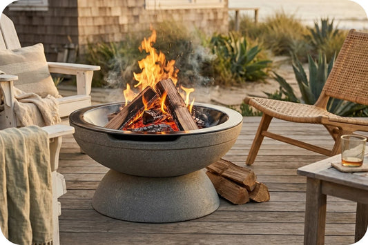 A round concrete fire pit with a lit fire inside, placed on a wooden outdoor patio with chairs, plants, and a beach background.
