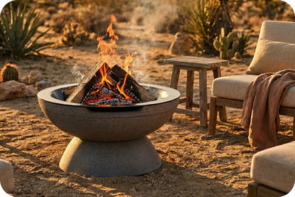A round concrete fire pit bowl with a pedestal base, containing burning logs and visible flames, placed outdoors in a desert patio setting with a chair, blanket, and small table nearby.