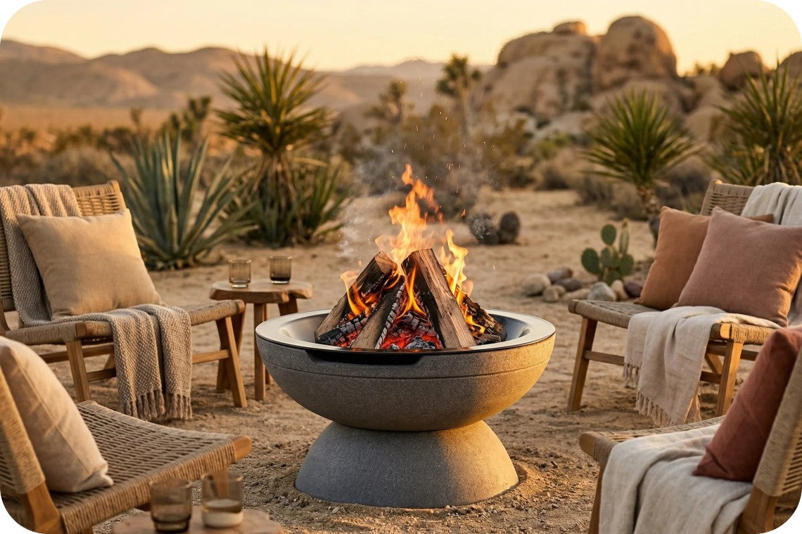 A round concrete fire pit bowl with a wood fire burning inside, surrounded by outdoor patio chairs with cushions and blankets in a desert landscape at sunset.
