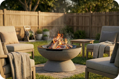 A round concrete fire pit with an active fire in the center, surrounded by outdoor patio chairs and a wooden fence in a backyard setting.
