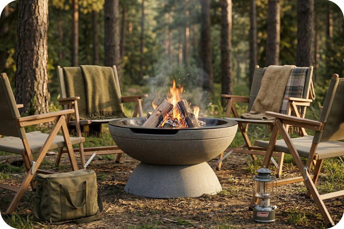 Outdoor campfire pit with a fire burning in a round stone bowl, surrounded by folding chairs and blankets in a forest setting.