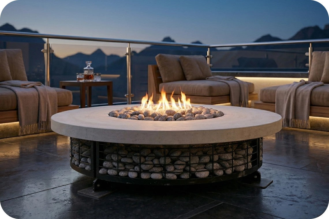 Outdoor patio furniture set with a round fire pit table surrounded by cushioned lounge chairs, set in a resort-style outdoor balcony in a modern hotel building at dusk.