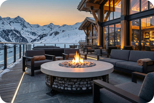 Outdoor round fire pit table with a glowing fire in the center, surrounded by patio seating and modern resort-style lodge at dusk.