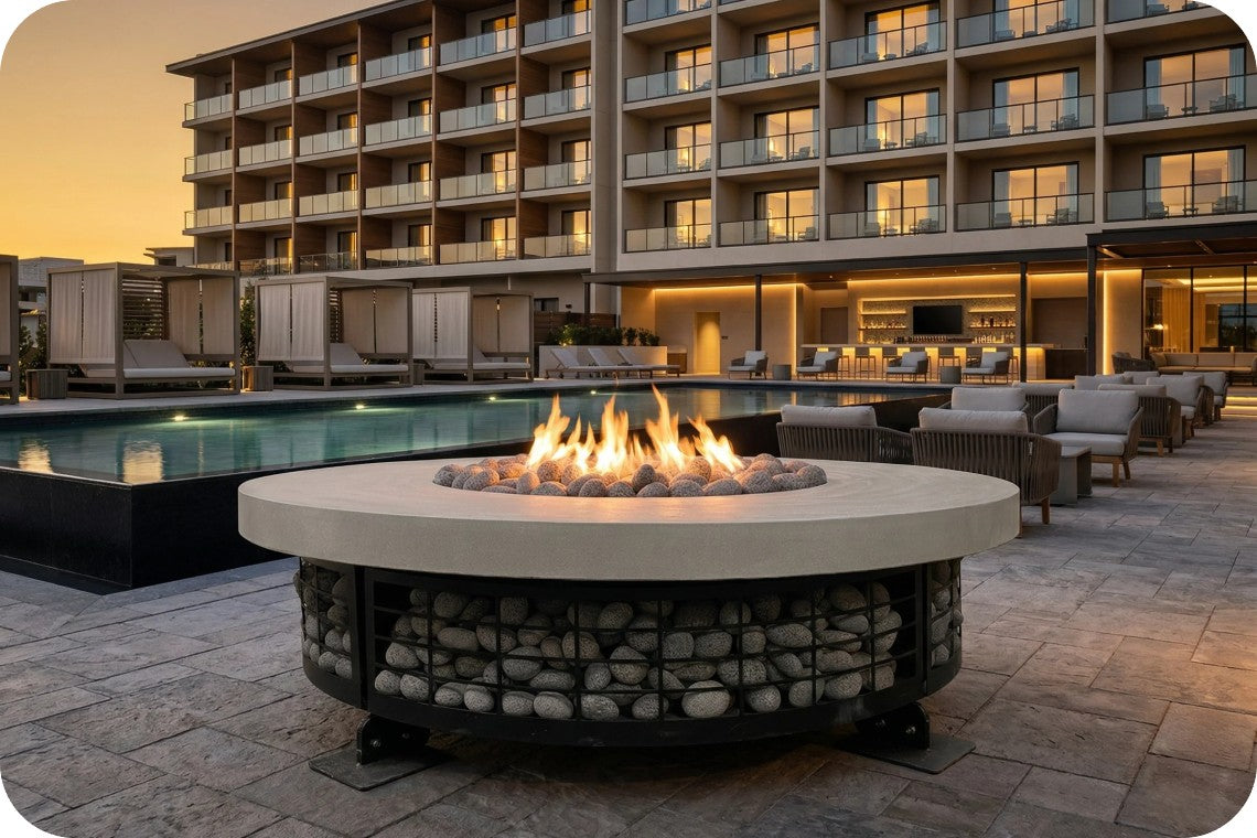 A round outdoor fire pit with a glowing fire in the center, set on a stone patio in front of a modern apartment building and pool at dusk.
