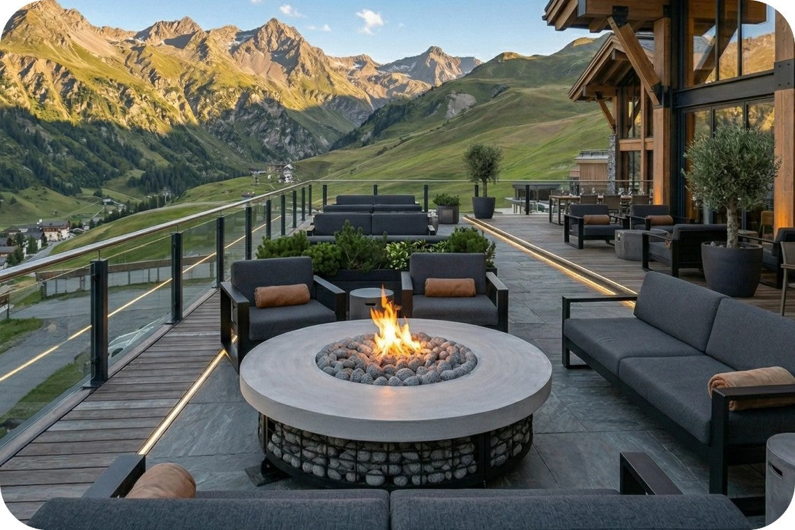 Outdoor patio furniture set with a round fire pit table surrounded by gray outdoor sofas and matching armchairs, set against grass covered mountains at sunset.