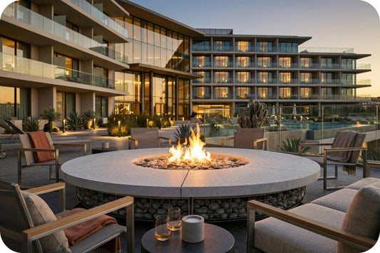 Outdoor round fire pit table with a glowing fire in the center, surrounded by patio seating and modern resort-style buildings at dusk.