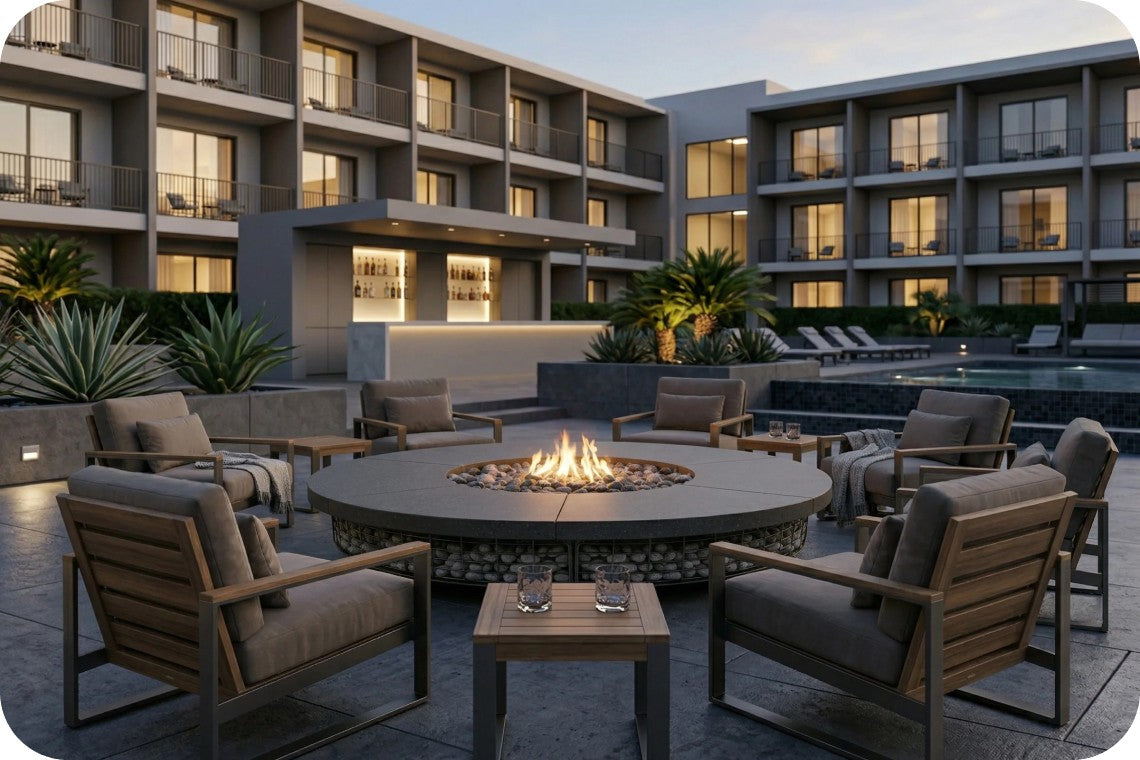 Outdoor patio furniture set with a round fire pit table surrounded by cushioned lounge chairs, set in a resort-style courtyard with a pool and modern hotel buildings at dusk.