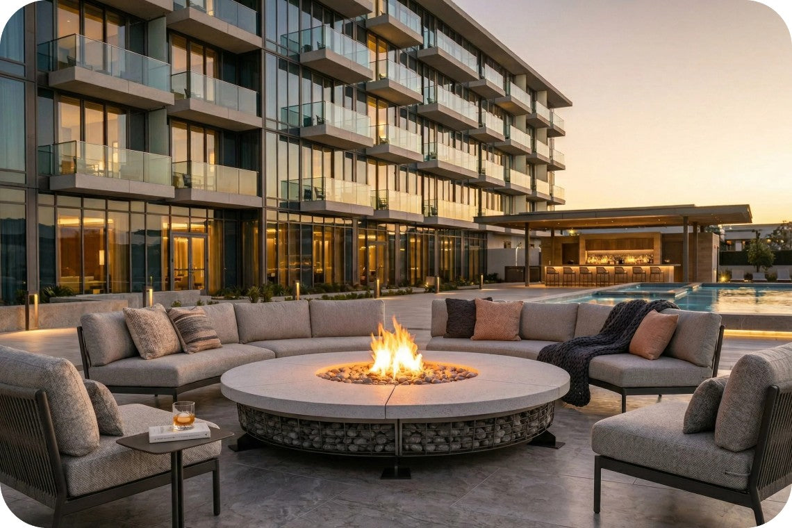 Outdoor patio furniture set with a round fire pit table surrounded by gray sectional sofas and matching armchairs, set against a modern high-rise apartment building at sunset.