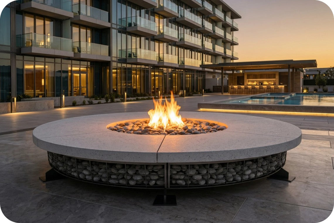 A round outdoor fire pit with a glowing fire in the center, set on a stone patio in front of a modern apartment building and pool at dusk.